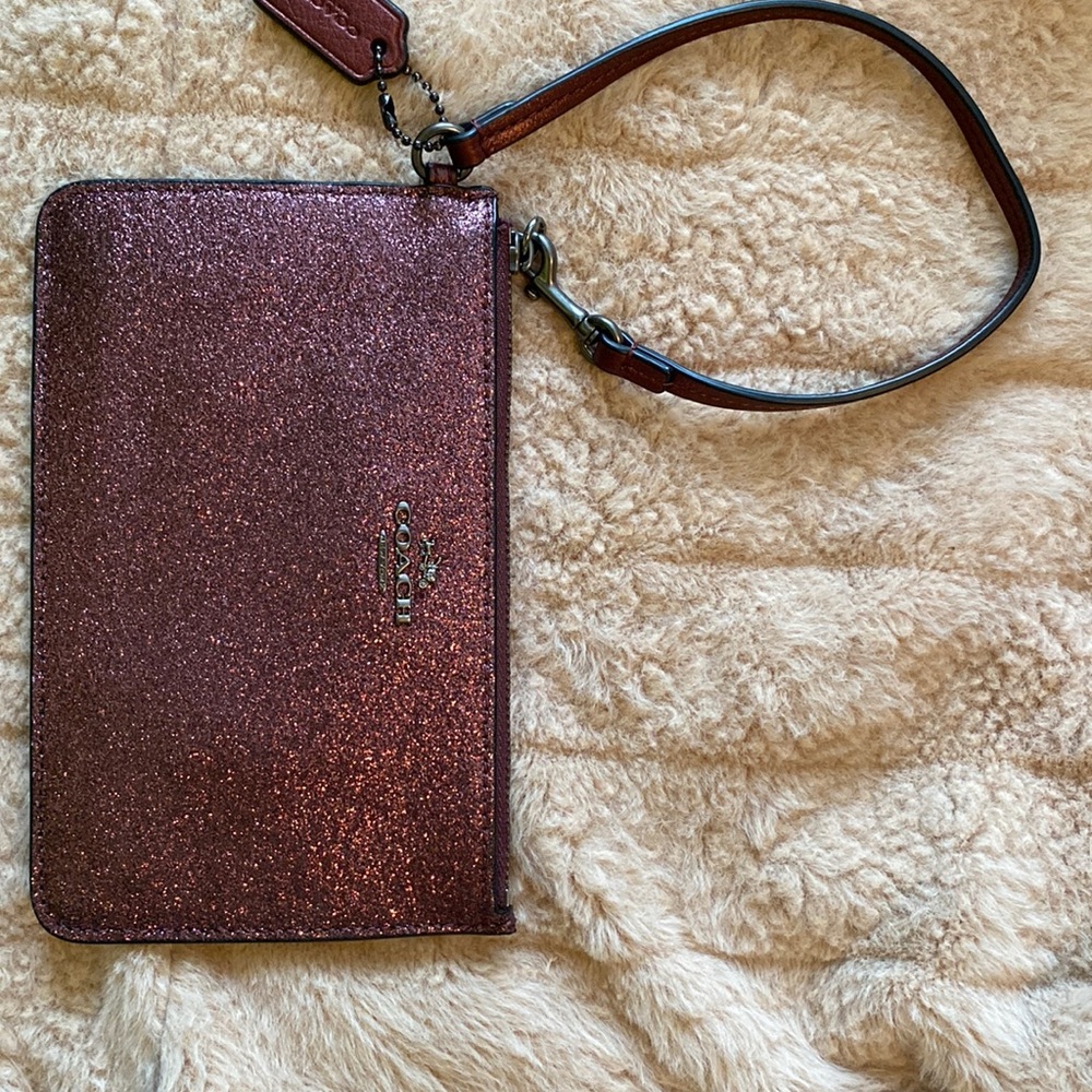 Coach wristlet, burgundy metallic/glitter.
